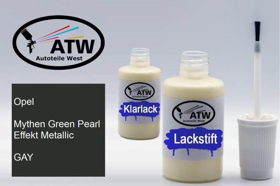 Opel, Mythen Green Pearl Effekt Metallic, GAY: 20ml Lackstift + 20ml Klarlack - Set, von ATW Autoteile West.